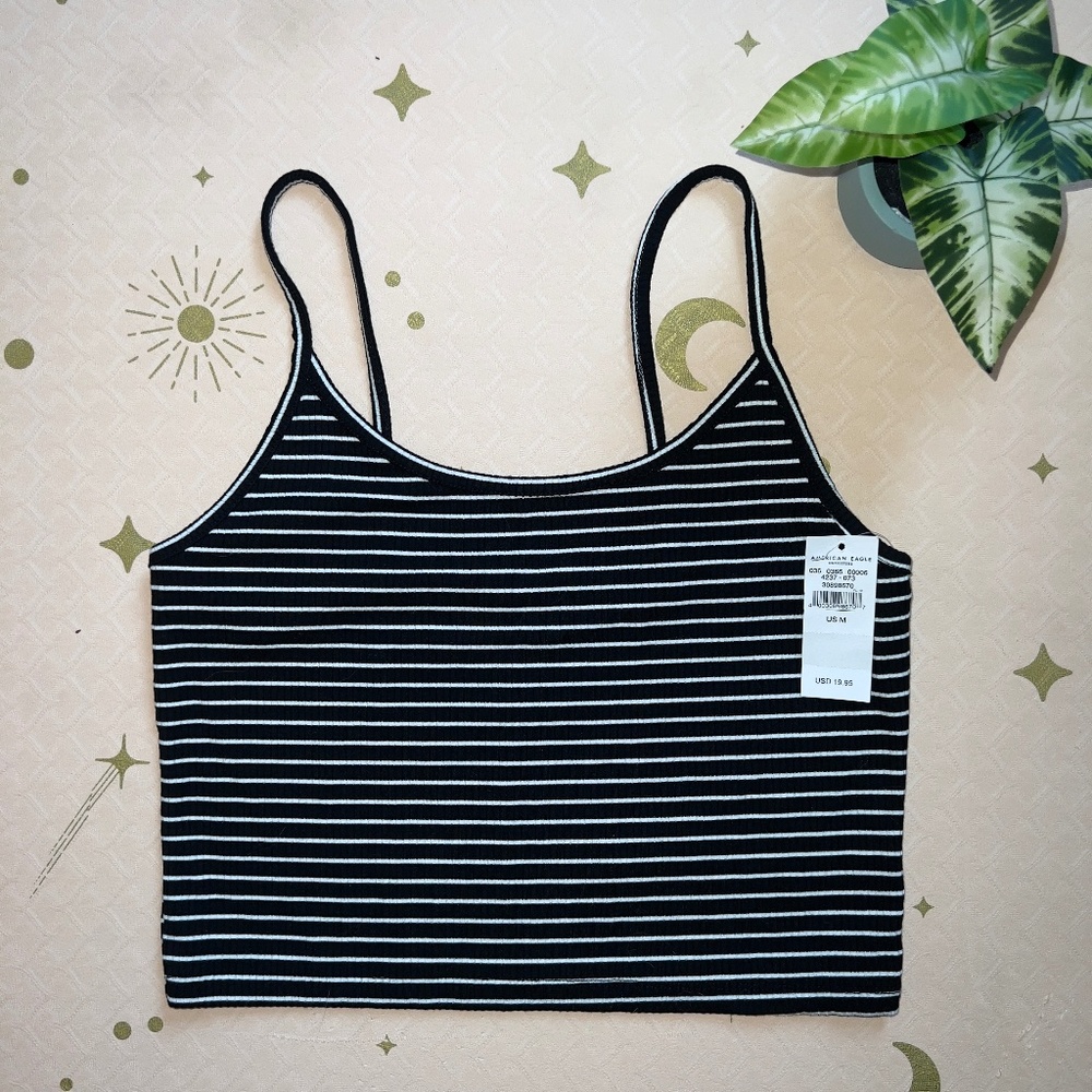 American Eagle Ribbed Cropped Cami in Black Stripes - Medium - NWT